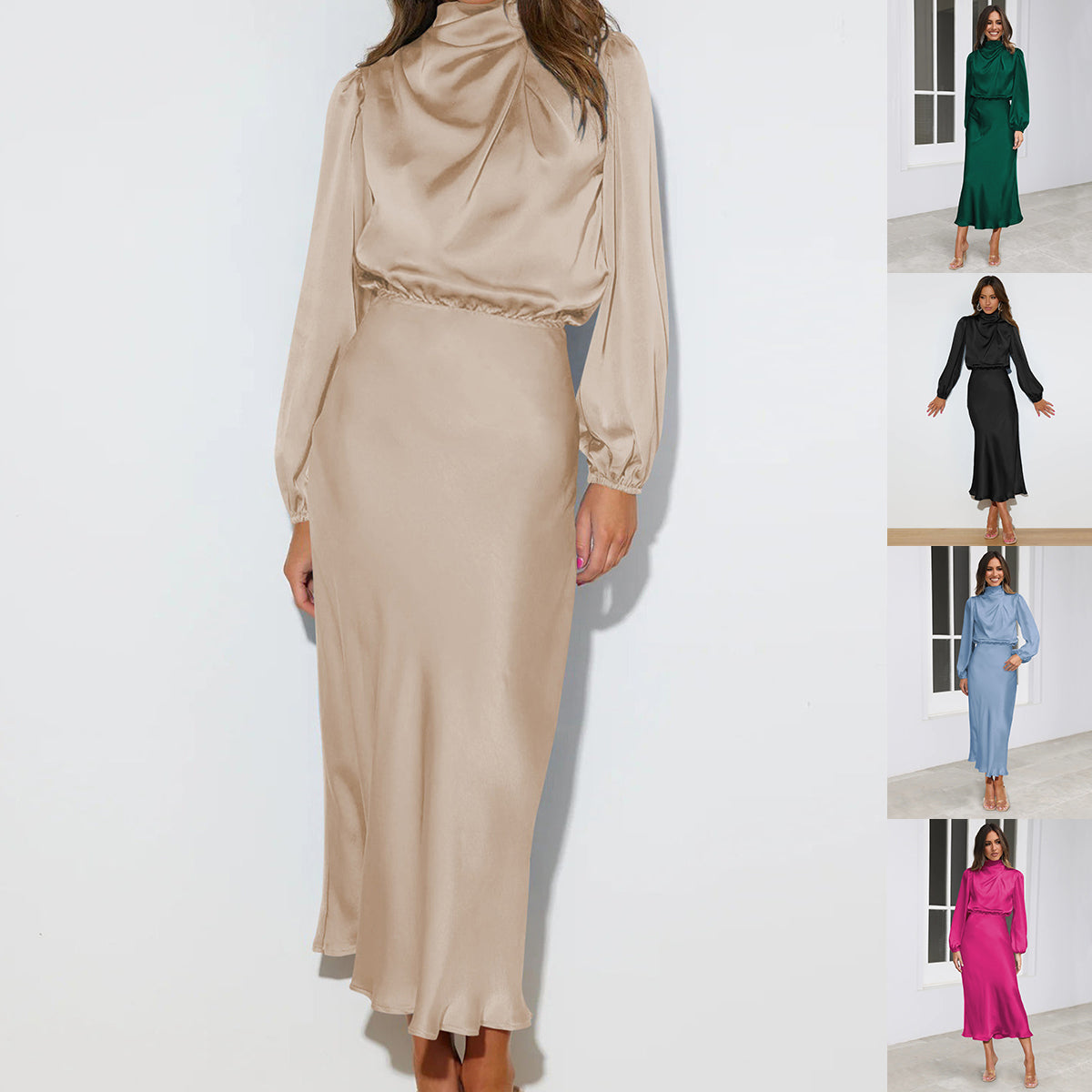 Vestido de satén de manga larga con temperamento elegante y cuello halter para mujer, vestidos de noche formales, ropa de mujer