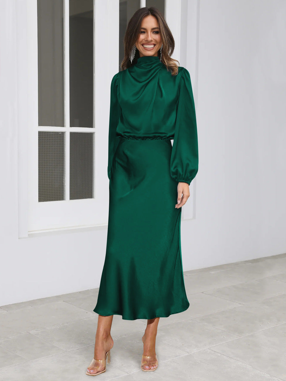 Vestido de satén de manga larga con temperamento elegante y cuello halter para mujer, vestidos de noche formales, ropa de mujer