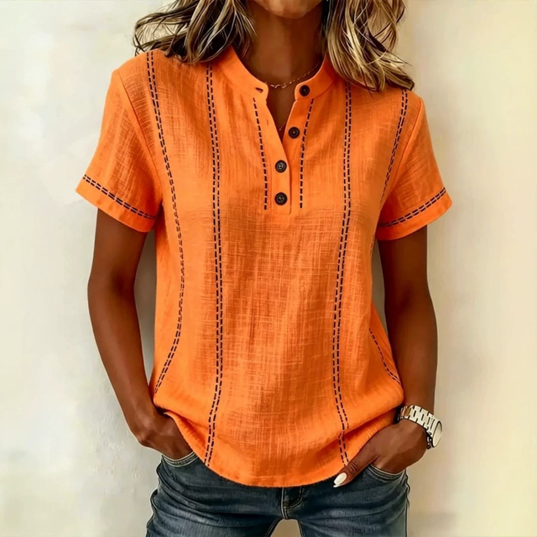 Blusas de mujer de manga corta a rayas para verano, cuello levantado, cuello en V, con botones, ropa de mujer