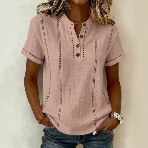 Blusas de mujer de manga corta a rayas para verano, cuello levantado, cuello en V, con botones, ropa de mujer