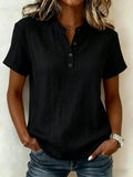 Blusas de mujer de manga corta a rayas para verano, cuello levantado, cuello en V, con botones, ropa de mujer
