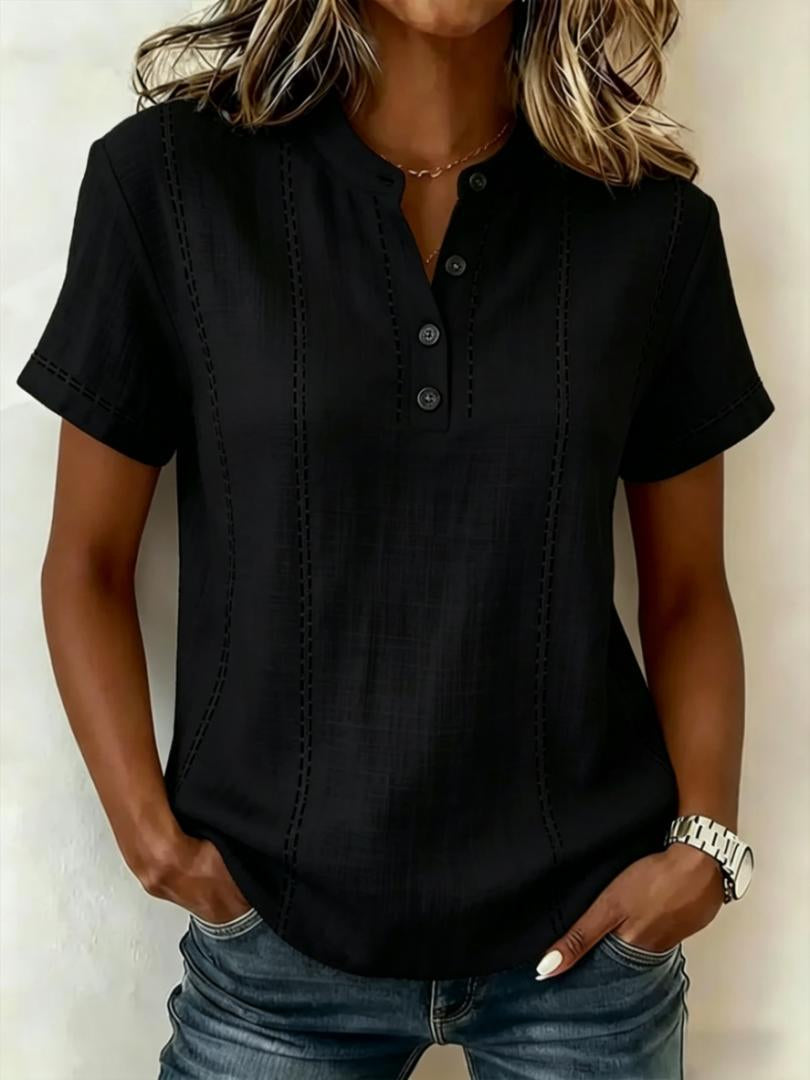 Blusas de mujer de manga corta a rayas para verano, cuello levantado, cuello en V, con botones, ropa de mujer