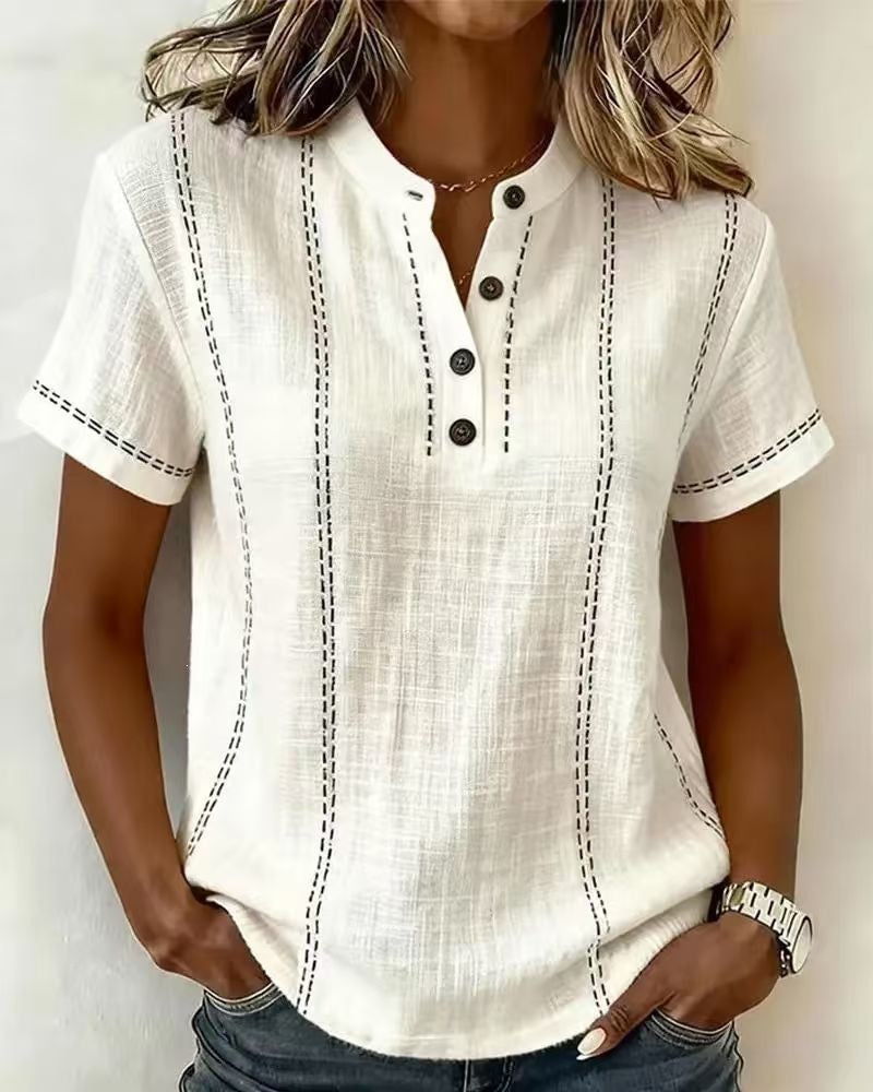 Blusas de mujer de manga corta a rayas para verano, cuello levantado, cuello en V, con botones, ropa de mujer