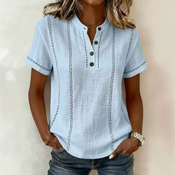 Blusas de mujer de manga corta a rayas para verano, cuello levantado, cuello en V, con botones, ropa de mujer