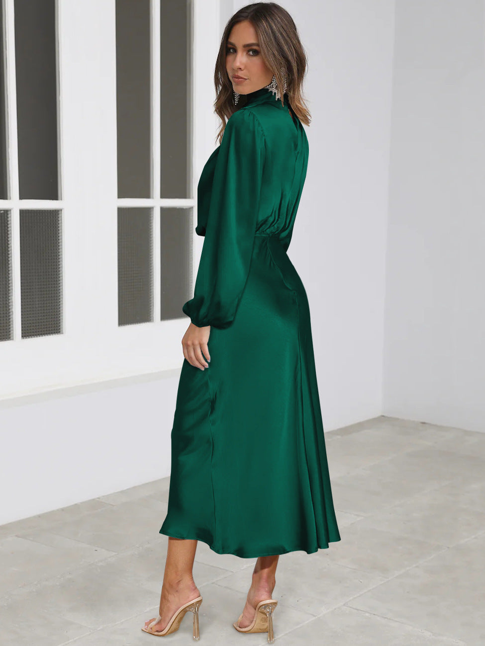 Vestido de satén de manga larga con temperamento elegante y cuello halter para mujer, vestidos de noche formales, ropa de mujer