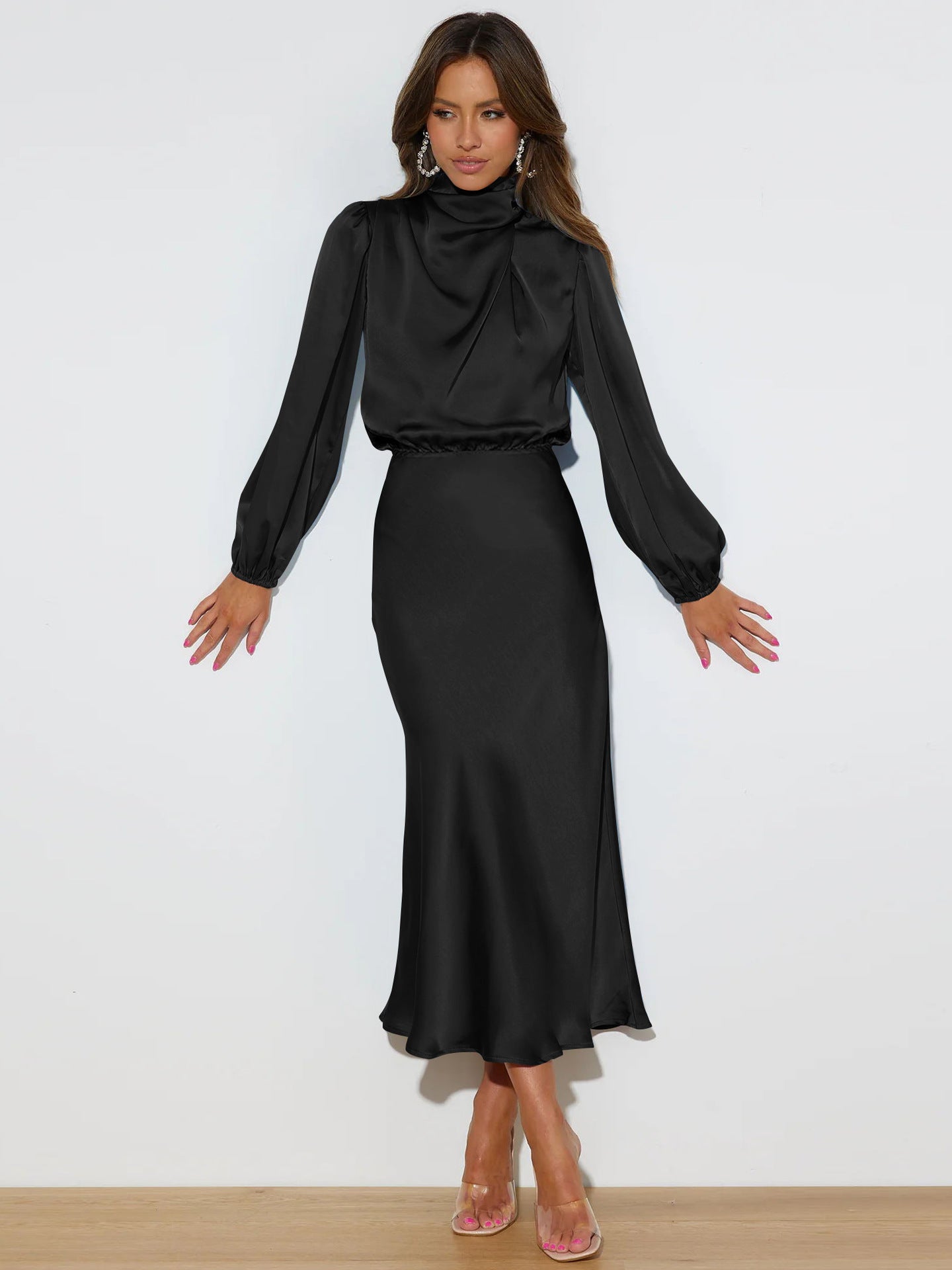 Vestido de satén de manga larga con temperamento elegante y cuello halter para mujer, vestidos de noche formales, ropa de mujer