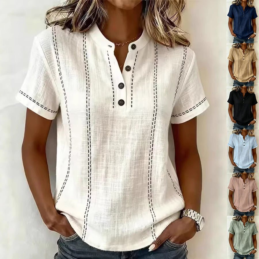 Blusas de mujer de manga corta a rayas para verano, cuello levantado, cuello en V, con botones, ropa de mujer