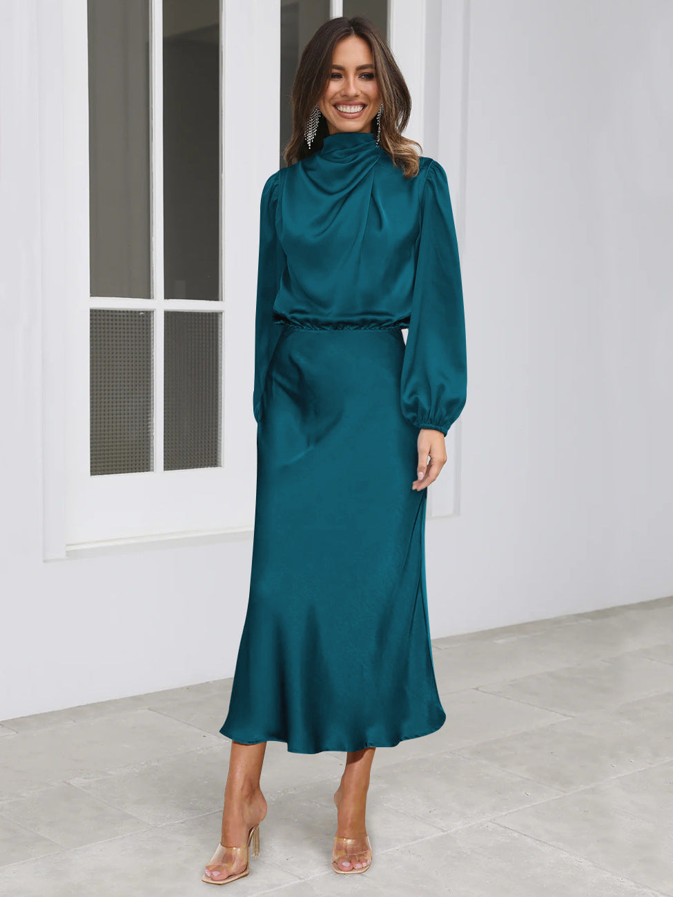 Vestido de satén de manga larga con temperamento elegante y cuello halter para mujer, vestidos de noche formales, ropa de mujer