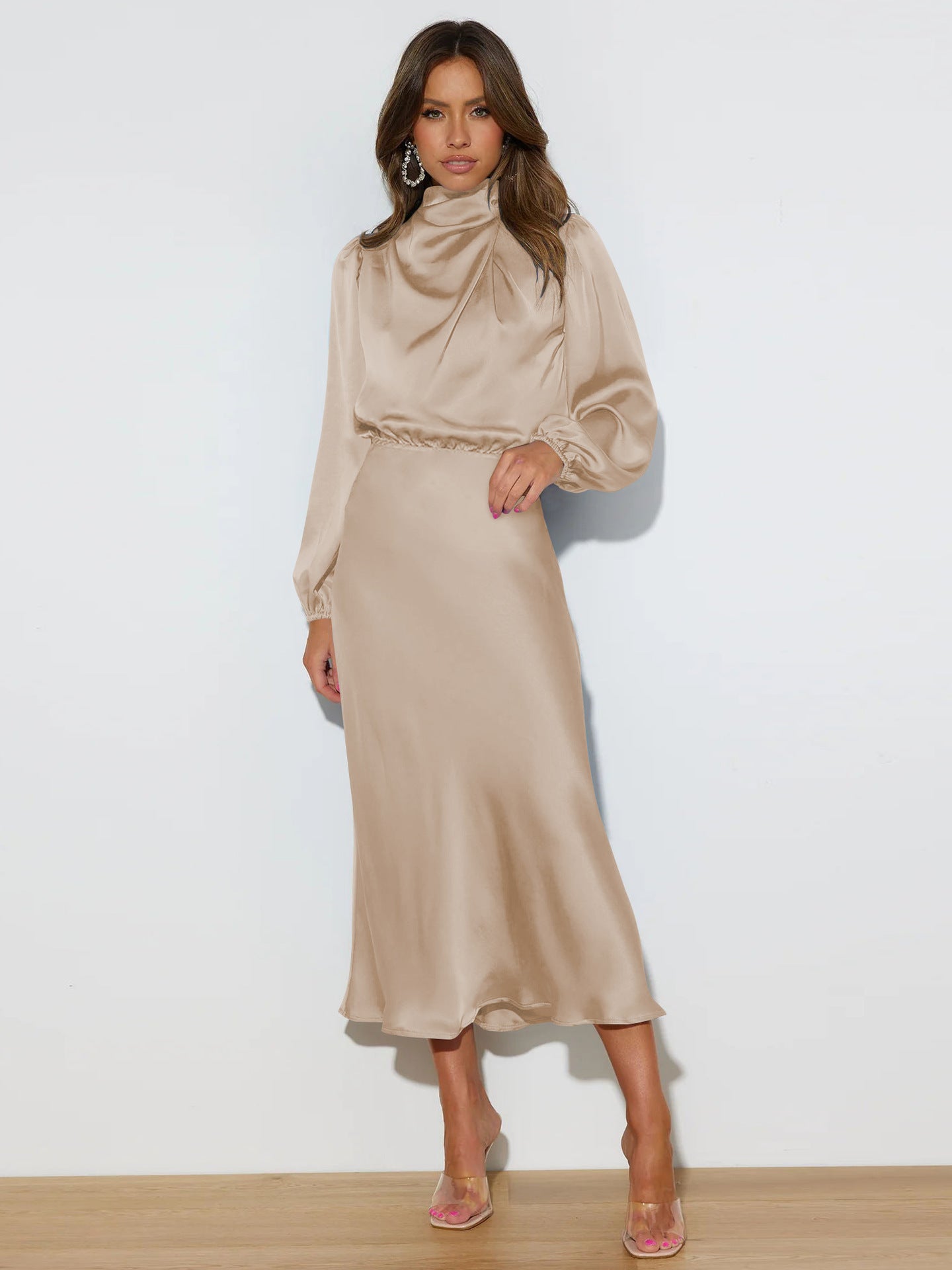 Vestido de satén de manga larga con temperamento elegante y cuello halter para mujer, vestidos de noche formales, ropa de mujer