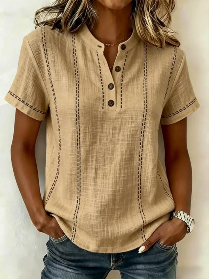 Blusas de mujer de manga corta a rayas para verano, cuello levantado, cuello en V, con botones, ropa de mujer