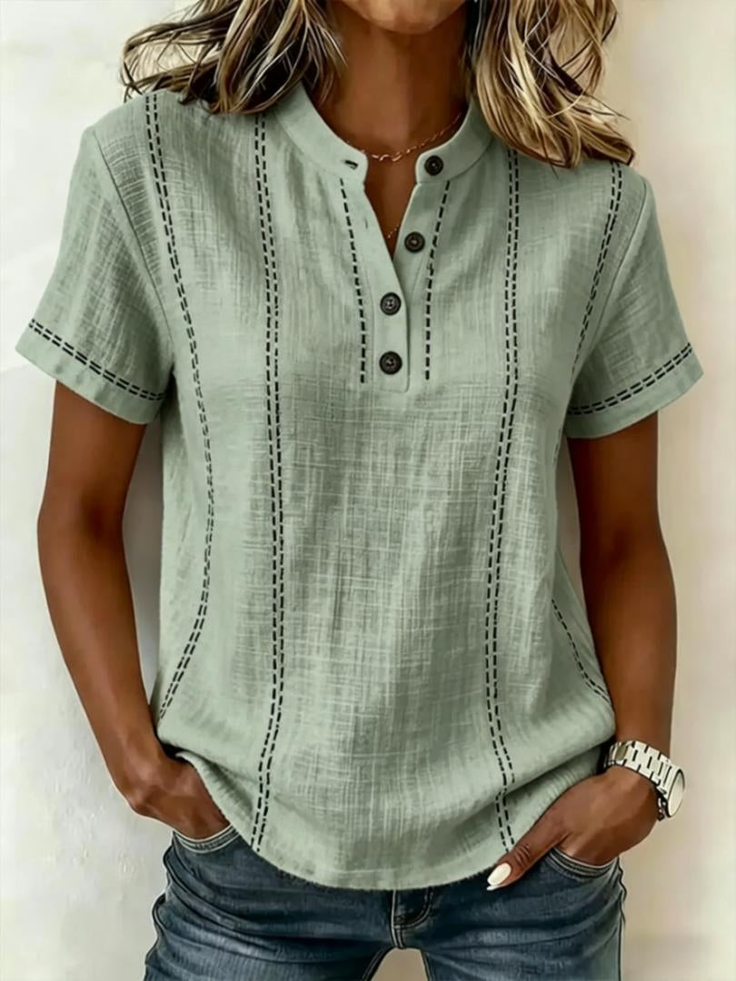 Blusas de mujer de manga corta a rayas para verano, cuello levantado, cuello en V, con botones, ropa de mujer