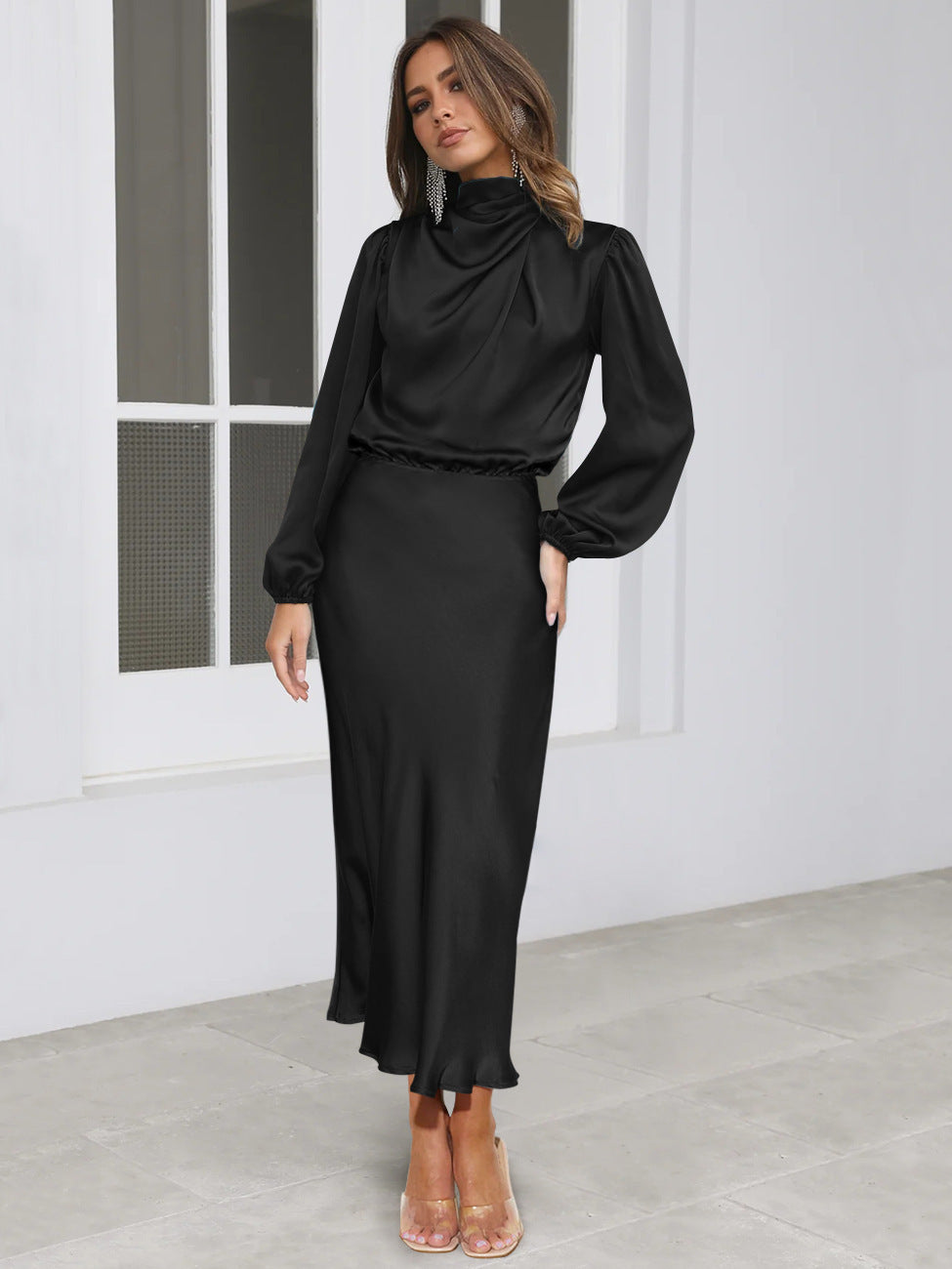 Vestido de satén de manga larga con temperamento elegante y cuello halter para mujer, vestidos de noche formales, ropa de mujer