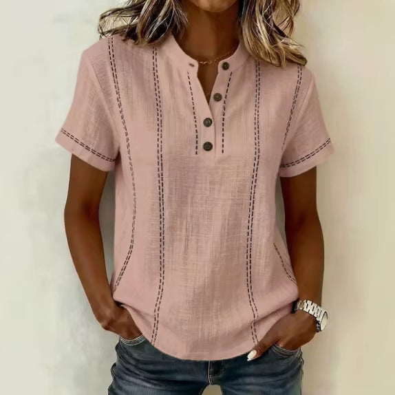 Blusas de mujer de manga corta a rayas para verano, cuello levantado, cuello en V, con botones, ropa de mujer