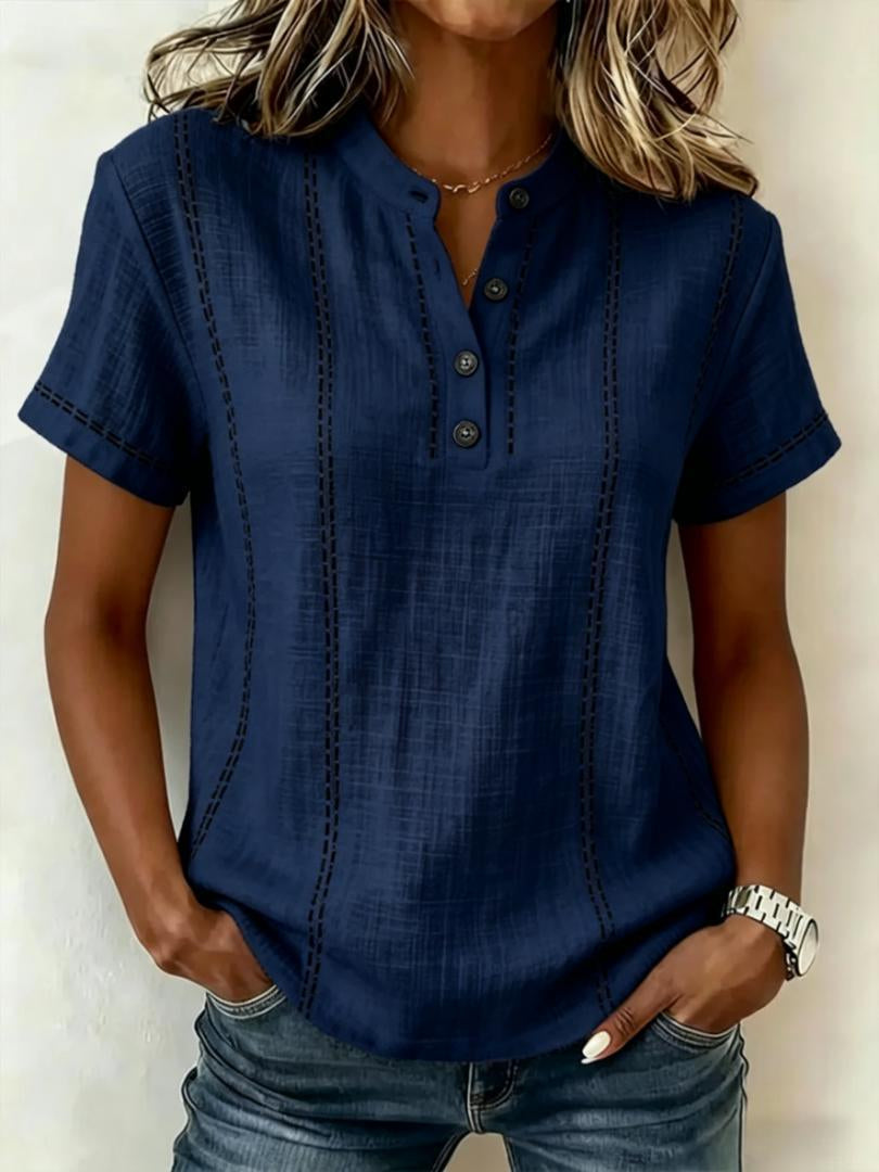 Blusas de mujer de manga corta a rayas para verano, cuello levantado, cuello en V, con botones, ropa de mujer
