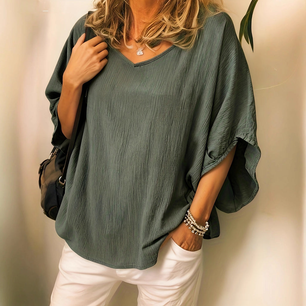 Top de murciélago de lino y algodón liso versátil para mujer