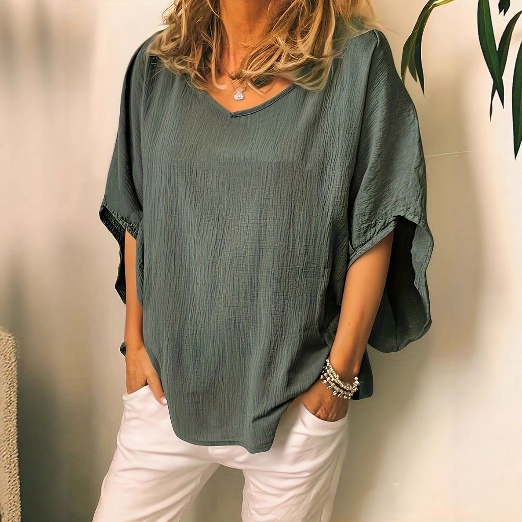 Top de murciélago de lino y algodón liso versátil para mujer