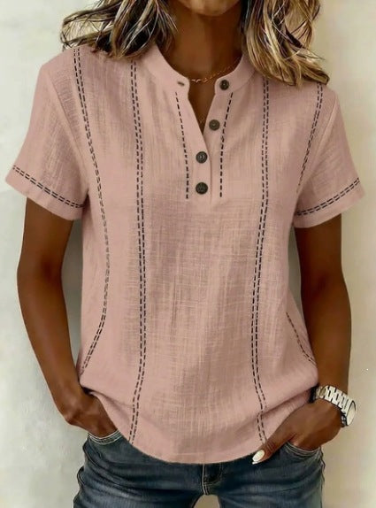 Blusas de mujer de manga corta a rayas para verano, cuello levantado, cuello en V, con botones, ropa de mujer