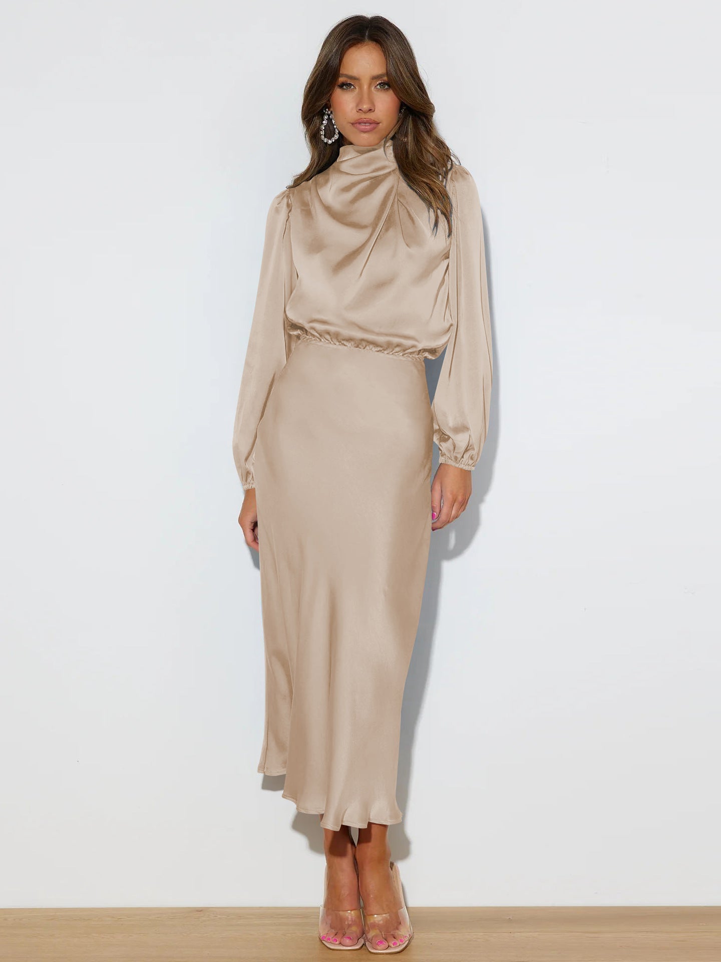 Vestido de satén de manga larga con temperamento elegante y cuello halter para mujer, vestidos de noche formales, ropa de mujer